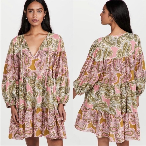 Charina Sarte Green pink tiered Paisley print Nara swing dress S NWT - Picture 1 of 8